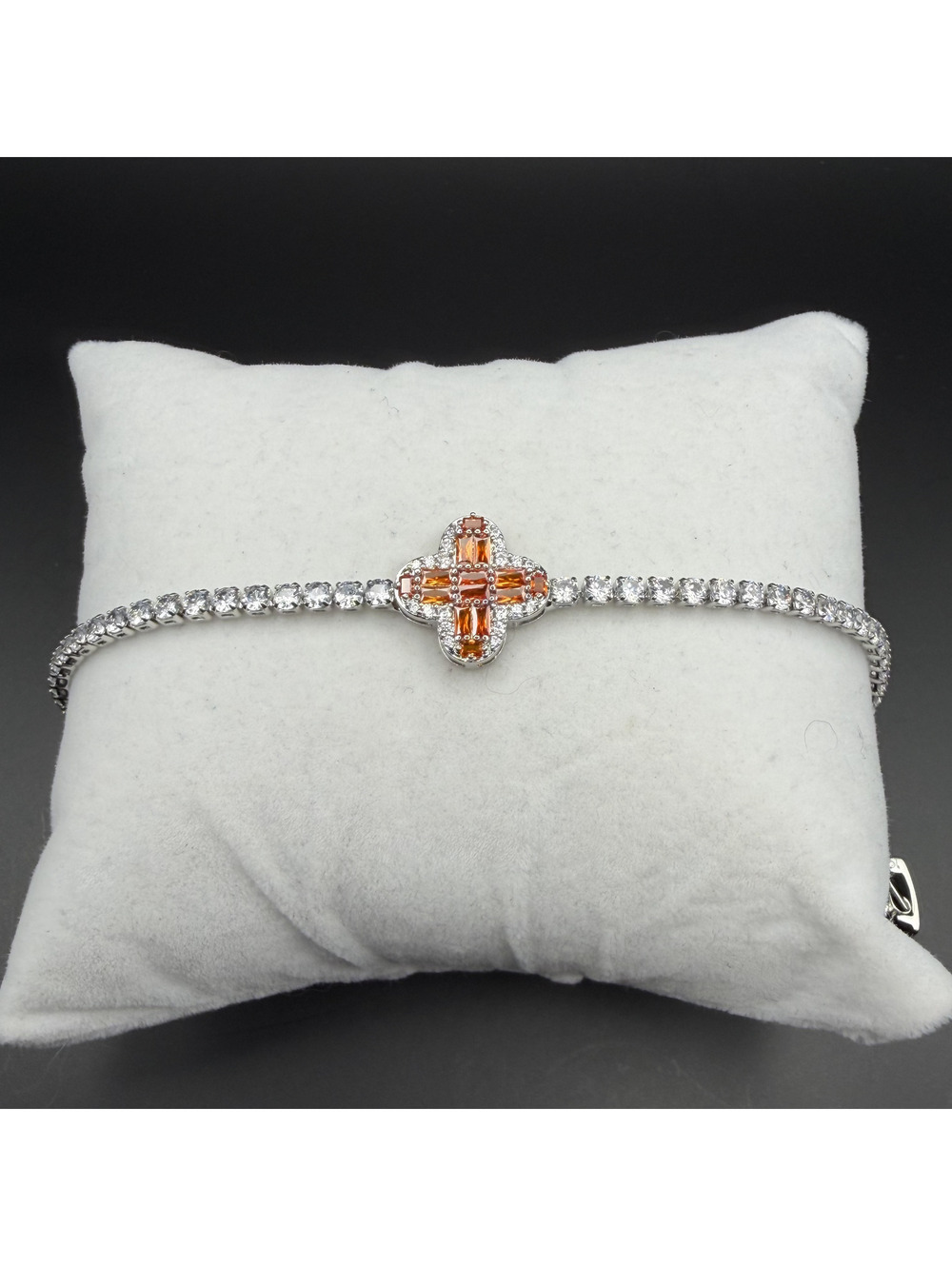 candy+clover orange crystal silver tone tennis bracelet